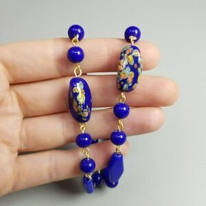 Vintage Cobalt Murano Glass 16 Inch Necklace, Millefiori, Gold Tone Setting